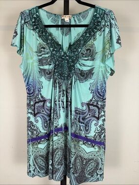 World Unity Mint Green Paisley Embellished V-Neck Tunic Top Size XL EUC